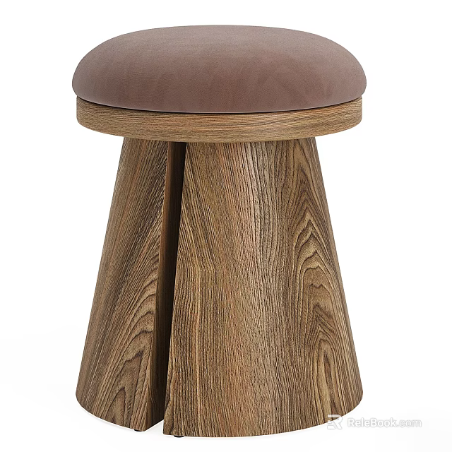 Stylish Wooden Stool with Brown Padded Seat and Tapered Legs Design 3d model 