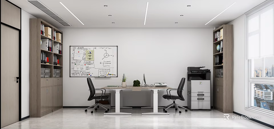 Modern Office Interior Design With Whiteboard Charts Notes Desk Black Office Chairs Computer And Printer 3d model