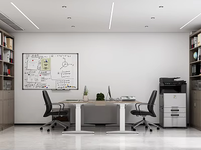 Modern Office Interior Design With Whiteboard Charts Notes Desk Black Office Chairs Computer And Printer 3d model