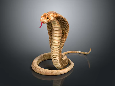 Realistic Brown Cobra With Hooded Neck Flicking Red Tongue On Dark Background 3d model