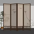 Modern Chinese Style Folding Room Divider With Floral And Bird Patterns And Indoor Plants