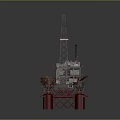 Offshore Oil Drilling Platform With Tall Drilling Tower Red Pillars And Deck Equipment