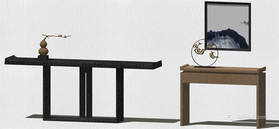 Modern Chinese Style Console Table With Small Side Table Circular Decor And Painting 3d model