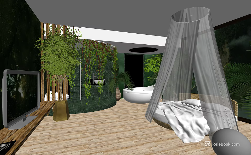Modern Hotel Room Interior With Canopy Bed White Bathtub Green Plants And Wooden Flooring 3d model 