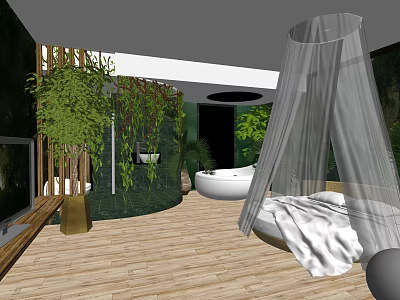Modern Hotel Room Interior With Canopy Bed White Bathtub Green Plants And Wooden Flooring 3d model