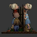 Girl And Boy Doll Figures With Chick Near Wooden Fences And Plants