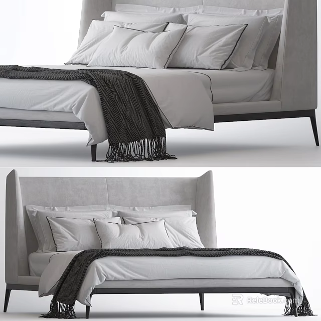 Modern Double Bed With Gray Headboard White Sheets And Black Blanket 3d model