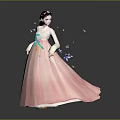 Pink Hanbok Woman with Green Ribbon and Fluttering Butterflies and Falling Petals