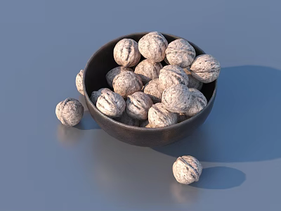 Fresh Walnuts in a Wooden Bowl with Some Scattered Outside on Gray Background 3d model