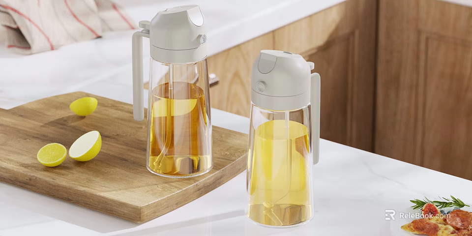 Transparent Condiment Bottles With Grey Lids On Wooden Cutting Board Kitchen Countertop With Lemons 3d model 