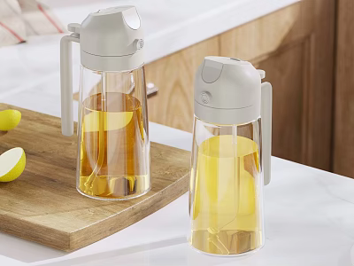 Transparent Condiment Bottles With Grey Lids On Wooden Cutting Board Kitchen Countertop With Lemons 3d model