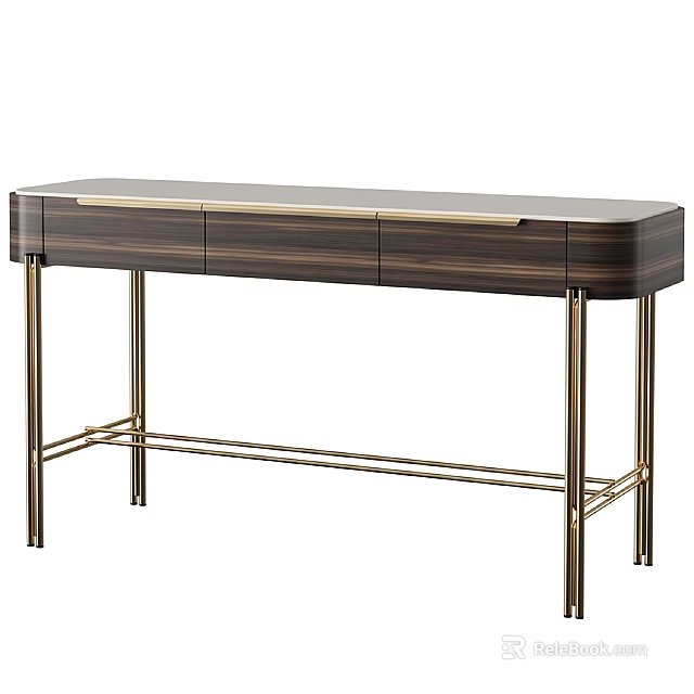 Modern Wooden Desk With Golden Metal Legs Three Drawers And Storage Design 3d model 