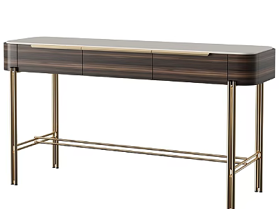 Modern Wooden Desk With Golden Metal Legs Three Drawers And Storage Design 3d model