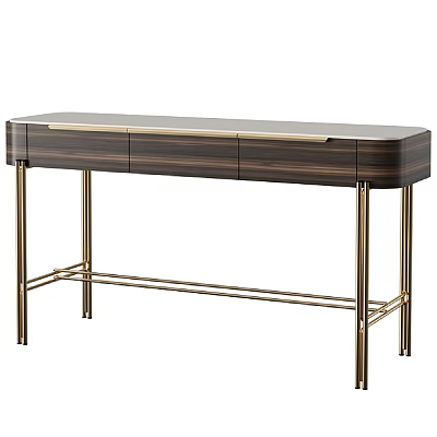 Modern Wooden Desk With Golden Metal Legs Three Drawers And Storage Design 3d model