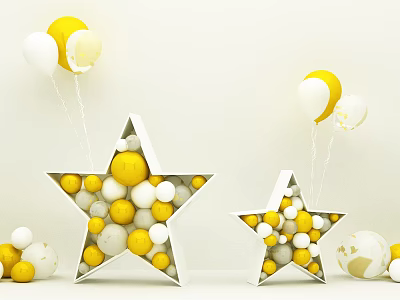 Decorative Star Shaped Containers Filled With Yellow And White Balls And Balloons For Home Decoration 3d model