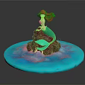 Little Mermaid Figurine Sitting On Rock With Red Hair Green Tail And Blue Water Waves