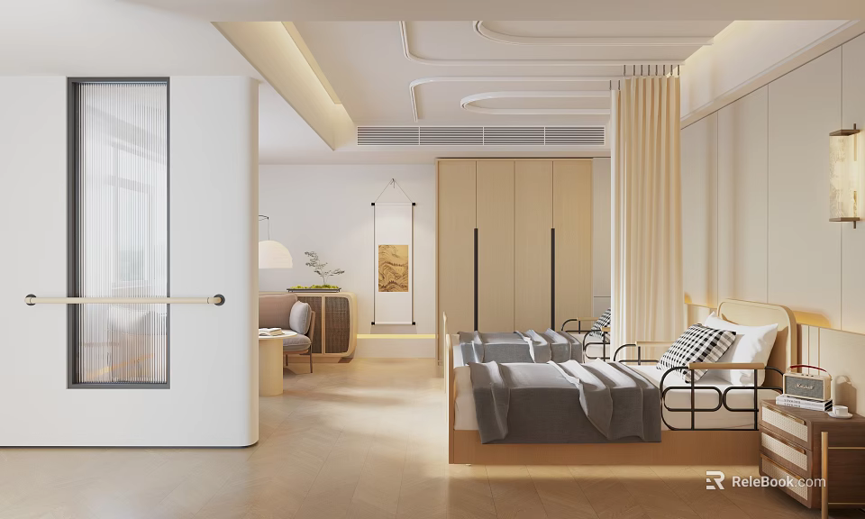 Hospital Outpatient Clinic Room With Two Beds Gray Bedspreads And Bright Minimalist Design 3d model 