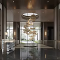Luxury New Chinese Style Sales Office Lobby With Art Hanging Sculpture And Polished Marble Flooring