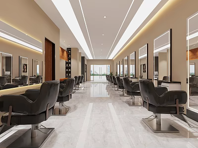 Modern Hair Salon Interior With Black Chairs Mirrors And Marble Floor 3d model