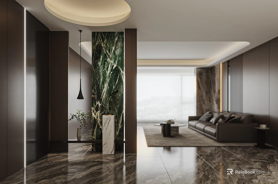 Modern Entryway Hallway Design With Marble Accents Potted Plant And Living Room View 3d model 
