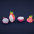 Whole and Sliced Dragon Fruit with Pink Skin and Black Seeds on Dark Background
