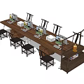 Long Wooden Office Desk With Multiple Computers Black Chairs And Office Supplies