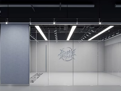 Modern Interior Space With Glass Walls Track Lighting And Art Logo 3d model