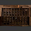 Wooden Building Model with Sloped Roof Grid Wooden Frame Brown Planks Door and Windows
