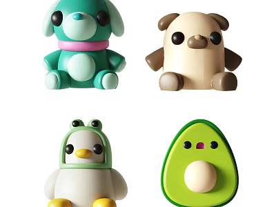Cute Stuffed Animal Toys Featuring Green Dog Beige Puppy Frog Costume Penguin And Avocado Design 3d model