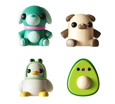 Cute Stuffed Animal Toys Featuring Green Dog Beige Puppy Frog Costume Penguin And Avocado Design 3d model