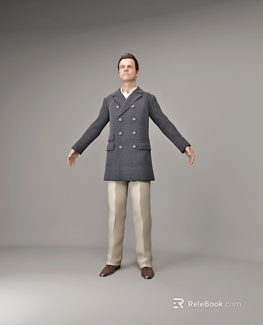 Man in Grey Double Breasted Coat and Beige Pants with Arms Outstretched against Grey Background 3d model 