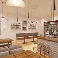Modern Milk Tea Shop Interior With Brick Counter And Wooden Furniture