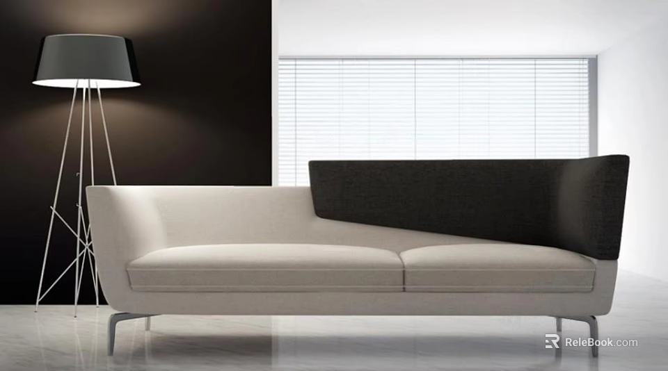 Light Colored Modern Two Seater Sofa With Dark Backrest Beside Floor Lamp And Window Blinds 3d model 