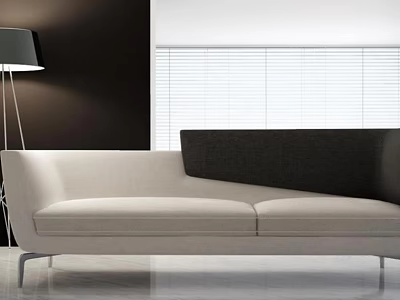 Light Colored Modern Two Seater Sofa With Dark Backrest Beside Floor Lamp And Window Blinds 3d model
