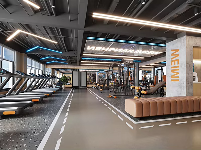 Modern Gym Interior With Treadmills Fitness Equipment Lighting And Menu Sign Workout Space 3d model