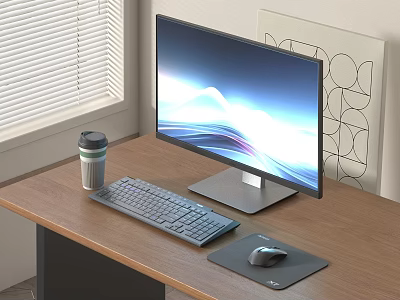 Modern Computer Monitor Setup On Wooden Desk With Keyboard Mouse And Coffee Cup 3d model