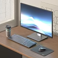 Modern Computer Monitor Setup On Wooden Desk With Keyboard Mouse And Coffee Cup