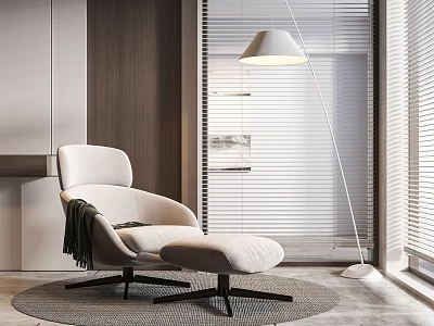 Modern Leisure Chair with Ottoman and Throw Blanket beside Floor to Ceiling Window Floor Lamp 3d model