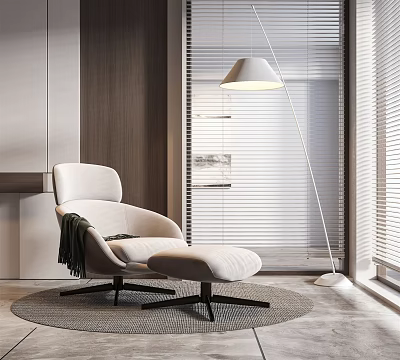 Modern Leisure Chair with Ottoman and Throw Blanket beside Floor to Ceiling Window Floor Lamp 3d model