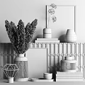 Modern Decorative Ornament Collection With Metal Vase Pampas Grass Geometric Decor And Gray Wall
