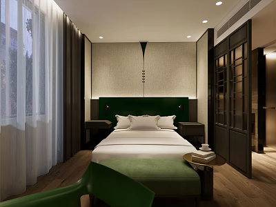 Modern Hotel Guest Room Interior with Green Headboard White Bed Linens and Wooden Flooring 3d model