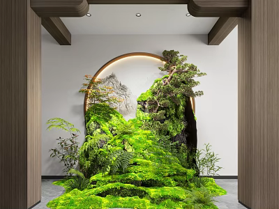 Elegant Indoor Garden Feature With Circular Archway Green Moss Pine Trees And Plants 3d model