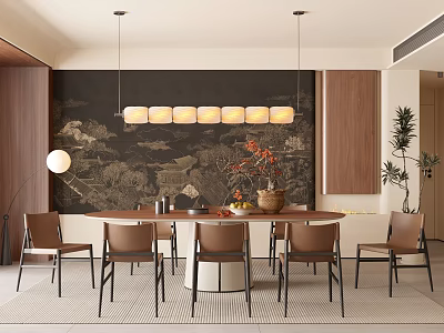 Modern Restaurant Interior With Dining Table Chairs Pendant Lights Ink Landscape Painting And Plants 3d model