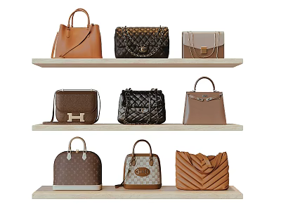 Stylish Bags Displayed On Three Wooden Shelves With Different Colors And Designs 3d model
