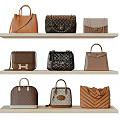 Stylish Bags Displayed On Three Wooden Shelves With Different Colors And Designs