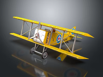 Yellow Biplane Model With Detailed Fuselage And Round Emblem On Wings 3d model