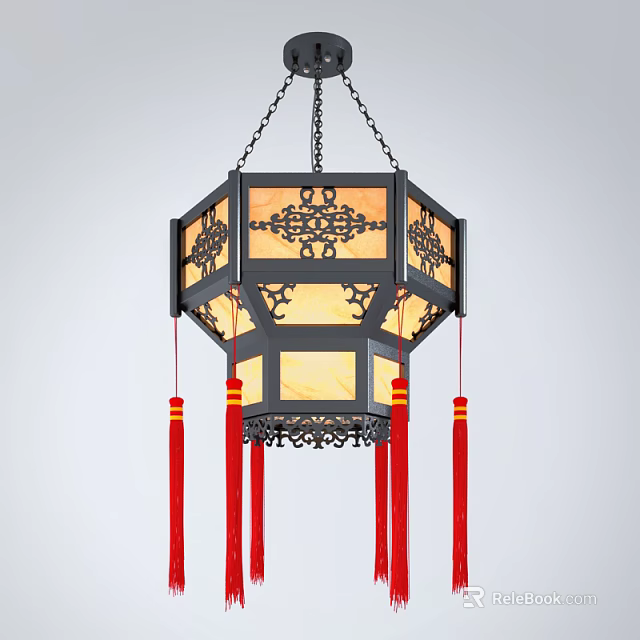 Traditional Chinese Octagonal Chandelier with Carved Patterns Black Frame Translucent Panels and Red Tassels 3d model 