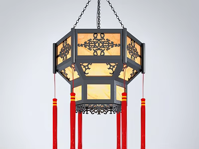 Traditional Chinese Octagonal Chandelier with Carved Patterns Black Frame Translucent Panels and Red Tassels 3d model