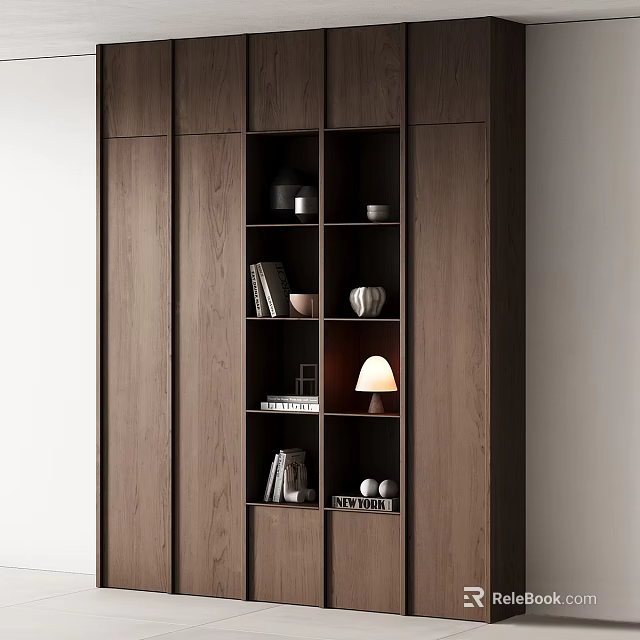 Modern Wooden Display Cabinet With Layered Shelves Holding Books Lamp And Ornaments 3d model 