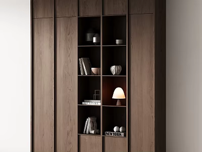 Modern Wooden Display Cabinet With Layered Shelves Holding Books Lamp And Ornaments 3d model
